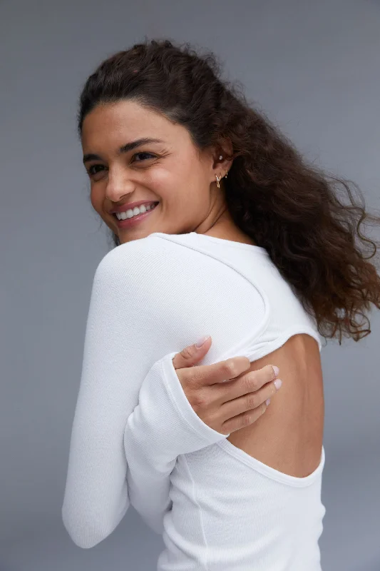 Elegant Women's Attire Rib Long Sleeve Open Back Top - White