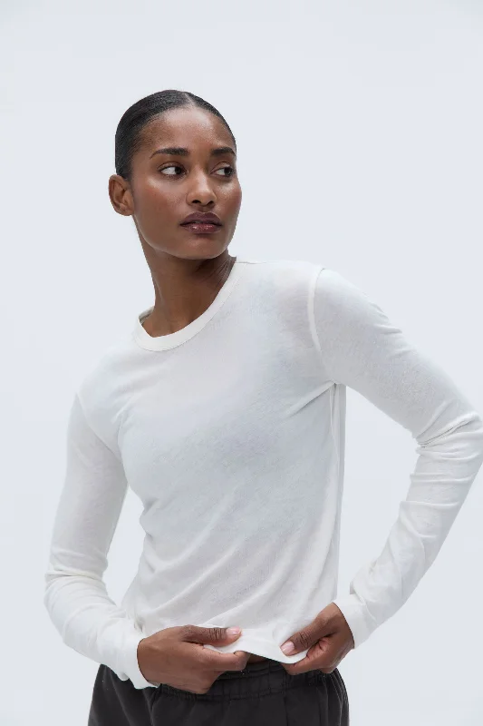 Sheer Long Sleeve Scoop Top - Marshmallow White