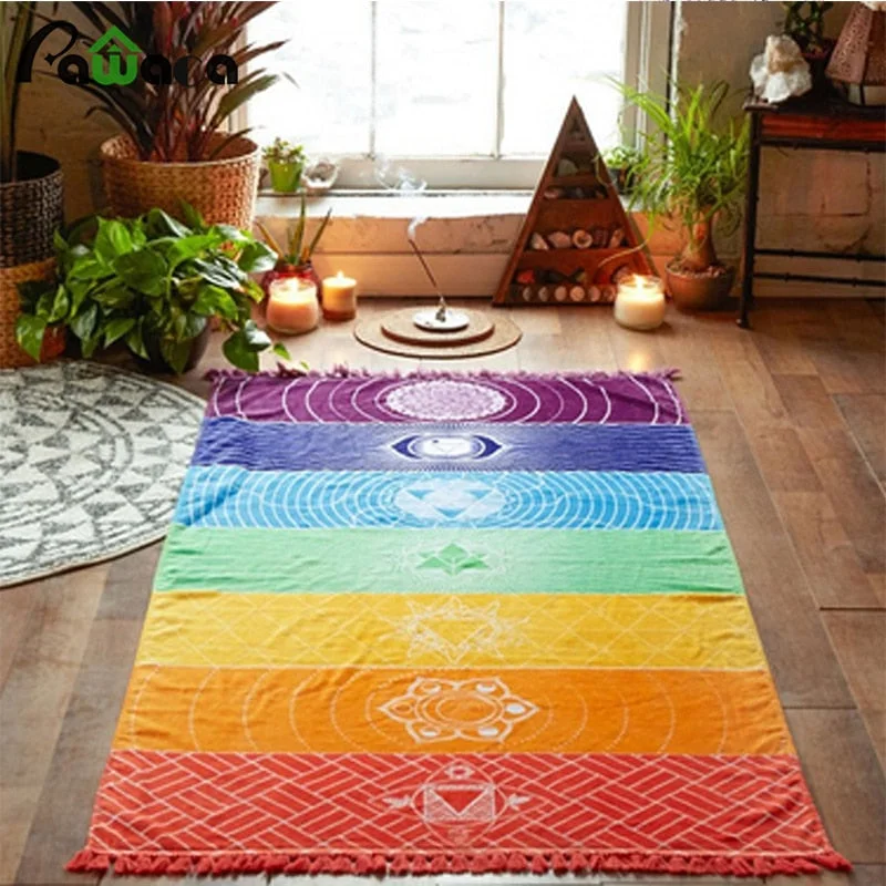 Cotton Yoga 7 Chakra Colored Rainbow Mat For Fitness Sports Pilates Exercise Mats Travel Tapestry Beach Throw Towel Yoga Mat